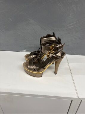 Gucci Metallic Strappy Platform Heels with Gold Buckles